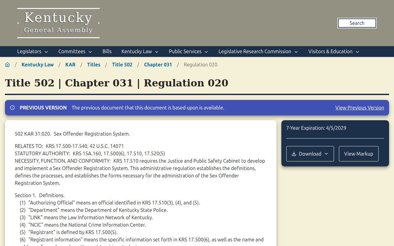 Casey County sex offender registration regulation and forms